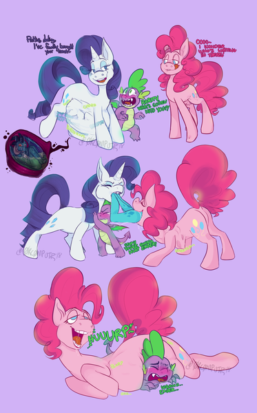 Size: 2814x4524 | Tagged: questionable, semi-grimdark, artist:0kc0mputer, derpibooru import, pinkie pie, princess ember, rarity, spike, dragon, earth pony, pony, unicorn, abuse, baby birding, belly, burp, butt, crying, digestion, dragoness, emprey, eyes closed, female, fetish, implied death, licking, licking lips, male, mare, open mouth, pinkie pred, plot, raripred, regurgitation, spikeabuse, stomach noise, story in the source, swallowing, tongue out, vore