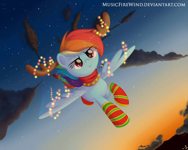 Size: 1920x1529 | Tagged: safe, artist:musicfirewind, derpibooru import, rainbow dash, pony, antlers, christmas, christmas lights, clothes, female, flying, holiday, mare, reindeer antlers, socks, solo, striped socks