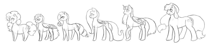 Size: 1280x282 | Tagged: safe, artist:ronniesponies, derpibooru import, applejack, fluttershy, pinkie pie, rainbow dash, rarity, twilight sparkle, twilight sparkle (alicorn), alicorn, earth pony, pegasus, pony, unicorn, black and white, female, grayscale, height difference, lineart, mane six, mare, monochrome, simple background, white background