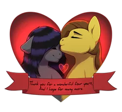 Size: 1382x1264 | Tagged: safe, artist:empaws, derpibooru import, oc, oc:radiant star, oc:rune riddle, unofficial characters only, pony, anniversary, heart, kissing, love, runestar, shy