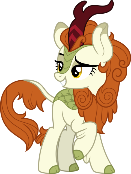 Size: 3500x4634 | Tagged: absurd resolution, artist:aeonkrow, autumn blaze, cloven hooves, derpibooru import, female, kirin, lidded eyes, raised eyebrow, raised hoof, safe, simple background, smiling, solo, sounds of silence, transparent background, vector