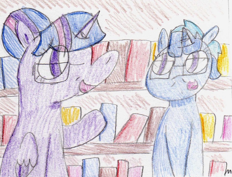 Size: 1540x1177 | Tagged: alicorn, artist:ptitemouette, book, bookshelf, derpibooru import, female, grandmother and grandchild, grandmother and granddaughter, oc, oc:stardust, older, parent:oc:firework, parent:oc:stella moon, safe, traditional art, twilight sparkle, twilight sparkle (alicorn)