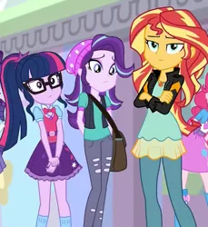 Size: 917x1002 | Tagged: safe, derpibooru import, screencap, pinkie pie, rarity, sci-twi, starlight glimmer, sunset shimmer, twilight sparkle, equestria girls, mirror magic, spoiler:eqg specials, bag, beanie, bowtie, clothes, cropped, crossed arms, eyeshadow, female, frown, geode of empathy, geode of telekinesis, glasses, hands behind back, hat, jewelry, kneesocks, lidded eyes, looking at you, magical geodes, magical trio, makeup, messenger bag, necklace, offscreen character, ponytail, ripped pants, satchel, skirt, socks, trio, trio female, unamused, wide eyes, worried