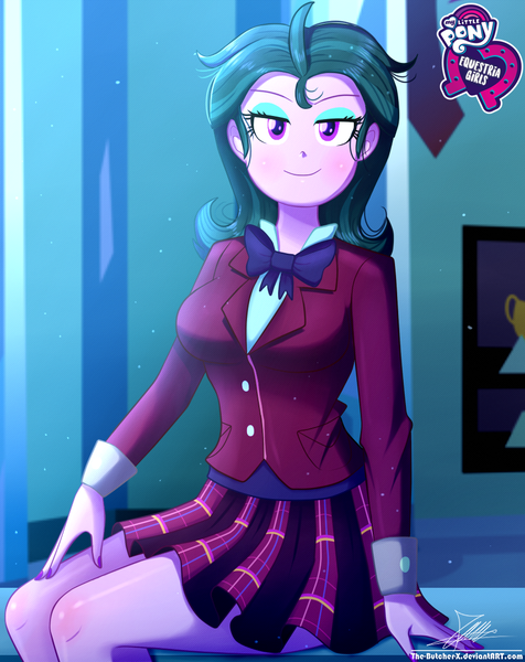 Size: 920x1160 | Tagged: safe, artist:the-butch-x, derpibooru import, part of a set, zephyr, equestria girls, friendship games, background human, blushing, bow, bowtie, breasts, butch's hello, clothes, crystal prep academy uniform, crystal prep shadowbolts, equestria girls logo, female, hello x, looking at you, nail polish, plaid skirt, pleated skirt, poster, school uniform, signature, sitting, skirt, smiling, solo, trophy