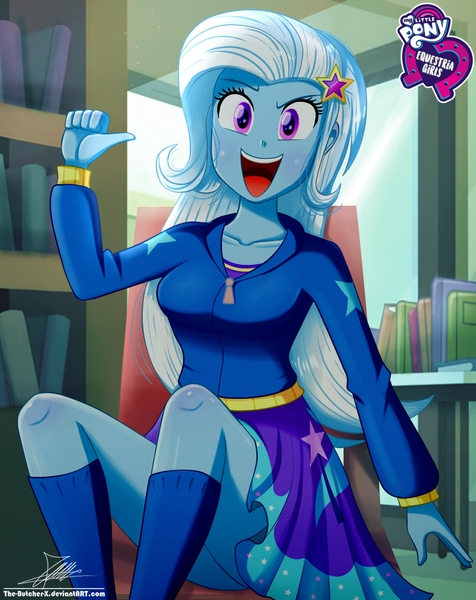 Size: 920x1160 | Tagged: safe, artist:the-butch-x, derpibooru import, part of a set, trixie, equestria girls, equestria girls series, adorasexy, barrette, blushing, book, bookshelf, breasts, butch's hello, canterlot high, chair, clothes, collarbone, cute, cutie mark, cutie mark on clothes, diatrixes, dress, ear blush, equestria girls logo, female, hairclip, hairpin, hello, hello x, hoodie, indoors, jacket, kneesocks, legs, library, logo, looking at you, minidress, miniskirt, my little pony logo, open mouth, pointing at self, raised eyebrow, schrödinger's pantsu, sexy, signature, sitting, skirt, smiling, socks, solo, thighs, upskirt denied