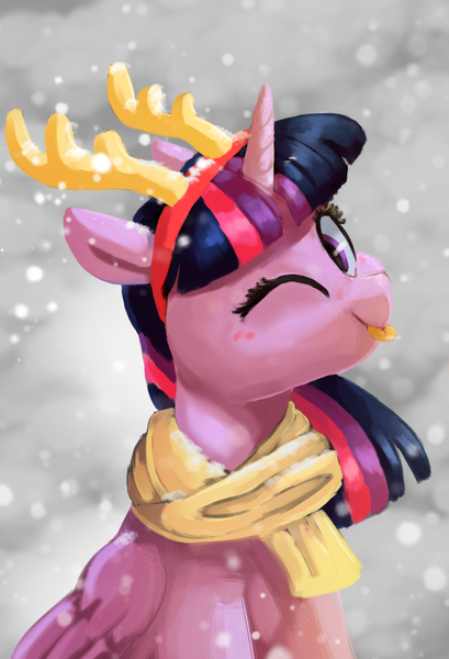 Size: 1187x1740 | Tagged: safe, artist:pucksterv, derpibooru import, twilight sparkle, twilight sparkle (alicorn), alicorn, pony, :p, antlers, bust, christmas, clothes, female, folded wings, holiday, looking at you, looking sideways, mare, one eye closed, portrait, reindeer antlers, scarf, silly, snow, snowfall, solo, three quarter view, tongue out, wings, wink