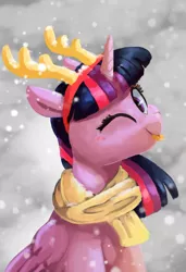 Size: 1187x1740 | Tagged: safe, artist:pucksterv, derpibooru import, twilight sparkle, twilight sparkle (alicorn), alicorn, pony, :p, antlers, bust, christmas, clothes, female, folded wings, holiday, looking at you, looking sideways, mare, one eye closed, portrait, reindeer antlers, scarf, silly, snow, snowfall, solo, three quarter view, tongue out, wings, wink