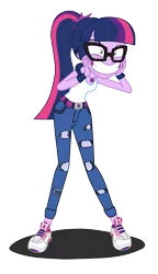 Size: 3871x6734 | Tagged: safe, artist:metaldudepl666, derpibooru import, sci-twi, twilight sparkle, human, equestria girls, movie magic, spoiler:eqg specials, alternate costumes, clothes, digital art, excited, excited twilight meme, fetish, glasses, jeans, pants, ponytail, remake, ripped pants, shoes, sleeveless, sneakers, sneakers fetish, tanktop