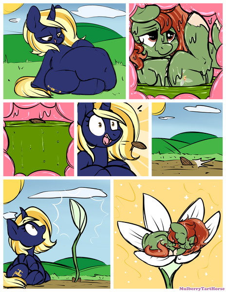 Size: 5100x6600 | Tagged: questionable, artist:mulberrytarthorse, derpibooru import, oc, oc:paper press, oc:withania nightshade, unofficial characters only, earth pony, original species, plant pony, pony, unicorn, absurd resolution, burp, clopfic in description, comic, digestion, fetish, implied death, internal, melting, plant, post-vore, reformation (vore), regrowth, story included, vore