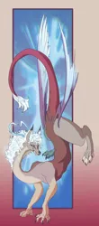 Size: 706x1598 | Tagged: abstract background, alternate design, artist:sharkrags, derpibooru import, discord, draconequus, eris, handstand, rule 63, safe, upside down