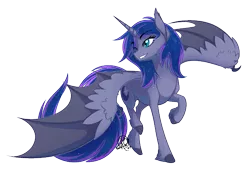 Size: 595x420 | Tagged: safe, artist:basykail, derpibooru import, oc, unofficial characters only, alicorn, bat pony, bat pony alicorn, pony, alicorn oc, bat ears, bat wings, cutie mark, ethereal mane, fangs, female, horn, hybrid wings, mare, one eye closed, simple background, solo, spread wings, transparent background, wing claws, wings, wink