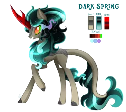 Size: 2422x2160 | Tagged: artist:sugaryicecreammlp, curved horn, derpibooru import, female, grin, horn, hybrid, oc, oc:dark spring, offspring, parent:king sombra, parent:rain shine, raised hoof, reference sheet, safe, simple background, smiling, solo, sombra eyes, transparent background