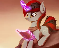 Size: 1280x1034 | Tagged: source needed, safe, artist:apostolllll, derpibooru import, oc, unofficial characters only, pony, unicorn, book, clothes, curved horn, horn, magic, male, prone, reading, scarf, solo, stallion, telekinesis