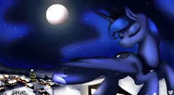 Size: 1970x1080 | Tagged: safe, artist:sugar morning, derpibooru import, princess luna, alicorn, pony, canon, christmas, christmas tree, eyes closed, female, flying, happy hearth's warming, hearth's warming, hearth's warming eve, holiday, luna's day, mare, merry christmas, moon, night, scenery, snow, solo, stars, tree, village, wallpaper, winter, winter solstice