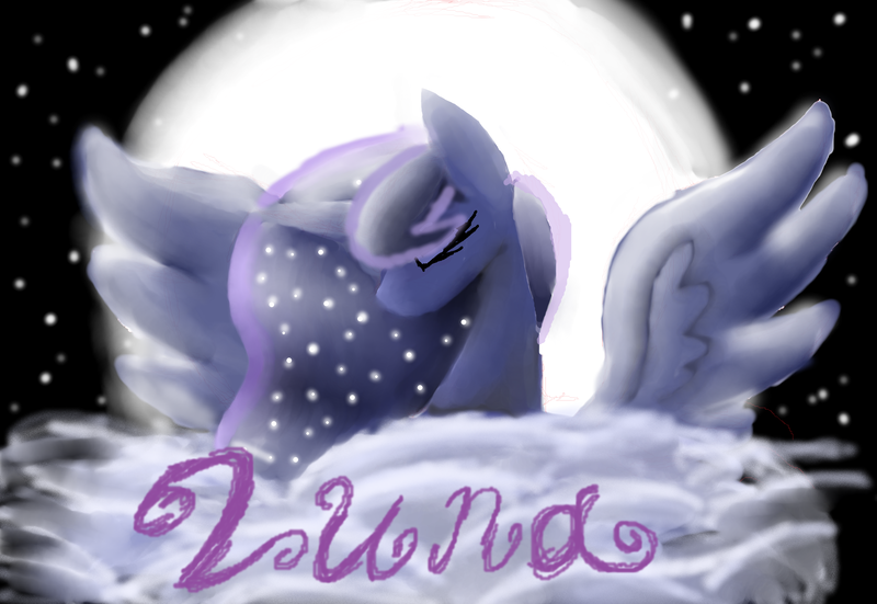 Size: 4823x3319 | Tagged: safe, artist:mr100dragon100, derpibooru import, princess luna, alicorn, pony, cloud, eyes closed, female, mare, moon, night, solo, spread wings, stars, text, wings