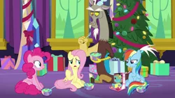 Size: 1280x720 | Tagged: safe, derpibooru import, screencap, discord, fluttershy, holly the hearths warmer doll, pinkie pie, rainbow dash, draconequus, earth pony, pegasus, pony, best gift ever, bowl, female, food, hearth's warming tree, mare, present, pudding, puddinghead's pudding, sitting, spoon, tree