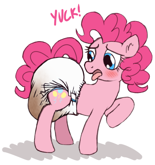 Size: 500x533 | Tagged: questionable, artist:fillyscoots42, derpibooru import, edit, editor:hodgepodgedl, pinkie pie, earth pony, pony, blushing, diaper, diaper fetish, disgusted, fetish, messy diaper, open mouth, poofy diaper, poop, poopy diaper, solo, tongue out, urine, wet diaper