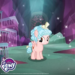 Size: 1080x1080 | Tagged: safe, derpibooru import, official, cozy glow, pegasus, pony, cave, cozybetes, cute, cutie mark, face of mercy, female, filly, foal, gameloft, my little pony logo, official art, pure concentrated unfiltered evil of the utmost potency, pure unfiltered evil, solo, sparkles, tartarus