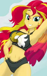 Size: 1200x1920 | Tagged: safe, artist:theroyalprincesses, derpibooru import, sunset shimmer, equestria girls, equestria girls series, armpits, belly button, bikini, black swimsuit, breasts, busty sunset shimmer, clothes, cutie mark swimsuit, female, grin, jeweled swimsuit, midriff, sexy, smiling, solo, stupid sexy sunset shimmer, summer sunset, swimsuit