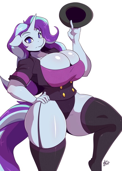 Size: 2462x3448 | Tagged: anthro, artist:mrsakai, big breasts, breasts, busty starlight glimmer, busty trixie, cleavage, clothes, curvy, derpibooru import, female, fusion, garters, hourglass figure, huge breasts, magician outfit, my waifus have fused, oc, oc:trixie glimmer, simple background, socks, solo, solo female, starlight glimmer, stockings, suggestive, thigh highs, thighs, thunder thighs, trixie, trixie glimmer, unofficial characters only, white background, wide hips