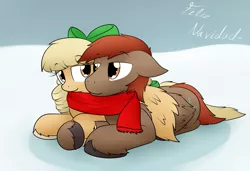 Size: 2285x1567 | Tagged: safe, artist:the-furry-railfan, derpibooru import, oc, oc:kirarasprings, oc:winterlight, unofficial characters only, pegasus, pony, bow, christmas, clothes, couple, cuddling, cute, holiday, scarf, scarf cuddles, shared clothing, shared scarf, unshorn fetlocks, wings