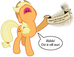 Size: 900x700 | Tagged: artist needed, safe, derpibooru import, applejack, earth pony, pony, cowboy hat, dialogue, female, hat, joke, magnetic hooves, mare, mouthpiece, old banner, parody, simple background, solo, speech bubble, transparent background