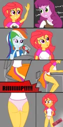 Size: 2500x5000 | Tagged: suggestive, artist:thevincenator, derpibooru import, rainbow dash, sunset shimmer, equestria girls, assisted exposure, breasts, bunset shimmer, butt, clothes, comic, embarrassed, embarrassed underwear exposure, panties, pink underwear, shirt, shirt pull, skirt, underwear, wrong eye color