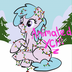 Size: 849x849 | Tagged: safe, artist:lannielona, derpibooru import, pony, advertisement, animated, caption, christmas, christmas lights, commission, confused, gif, gif with captions, holiday, mountain, outdoors, raised hoof, sitting, sketch, sky, snow, solo, tangled up, tree, winter, your character here