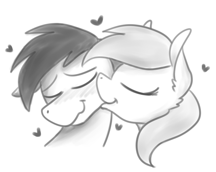 Size: 2560x2048 | Tagged: safe, artist:sugar morning, derpibooru import, oc, oc:slipstream, oc:sugar morning, unofficial characters only, pony, blushing, bust, couple, doodle, female, heart, kissing, male, mare, monochrome, oc x oc, portrait, shipping, simple background, sketch, stallion, straight, sugarstream, white background