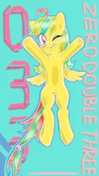 Size: 480x852 | Tagged: safe, artist:tastyrainbow, derpibooru import, pegasus, pony, cute, early concept, happy, lies, one eye closed, wink