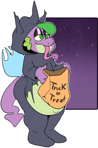 Size: 1003x1509 | Tagged: safe, artist:inisu, derpibooru import, spike, anthro, changeling, dragon, bag, belly, bhm, changeling costume, clothes, costume, explicit source, fat, halloween, halloween costume, holiday, kigurumi, lidded eyes, solo, tongue out, trick or treat