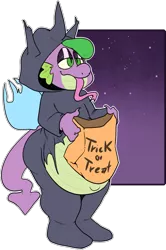 Size: 1003x1509 | Tagged: safe, artist:inisu, derpibooru import, spike, anthro, changeling, dragon, bag, belly, bhm, changeling costume, clothes, costume, explicit source, fat, halloween, halloween costume, holiday, kigurumi, lidded eyes, solo, tongue out, trick or treat