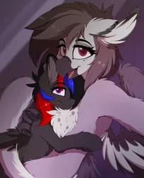 Size: 1626x2000 | Tagged: safe, artist:meggchan, derpibooru import, oc, oc:narcissa, oc:phase shift, unofficial characters only, gryphon, pegasus, pony, beak, chest fluff, claws, cuddling, cute, female, floppy ears, fluffy, freckles, grabbing, griffon on pony action, hug, interspecies, lesbian, long tail, looking at you, looking up, mare, open mouth, pony on griffon action, selfie, size difference, smiling, snuggling, spread wings, tail feathers, talons, wings