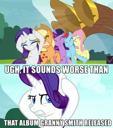 Size: 1280x1440 | Tagged: alicorn, annoyed, applejack, caption, covering ears, derpibooru import, fluttershy, image macro, rainbow dash, rarity, safe, screencap, text, the simpsons, twilight sparkle, twilight sparkle (alicorn), yakity-sax, yovidaphone