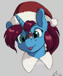 Size: 1000x1200 | Tagged: safe, artist:amarynceus, deleted from derpibooru, derpibooru import, oc, oc:altus bastion, unofficial characters only, pony, unicorn, christmas, clothes, female, giant pony, hat, holiday, macro, mare, santa hat, scarf, simple background, smiling, tongue out, trio