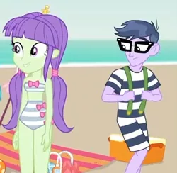 Size: 692x676 | Tagged: safe, derpibooru import, screencap, microchips, starlight, equestria girls, equestria girls series, lost and found, background human, bandeau, beach, clothes, cooler, cropped, eyes on the prize, female, glasses, male, midriff, shipping, starchips, straight, suspenders, swimsuit, towel, umbrella