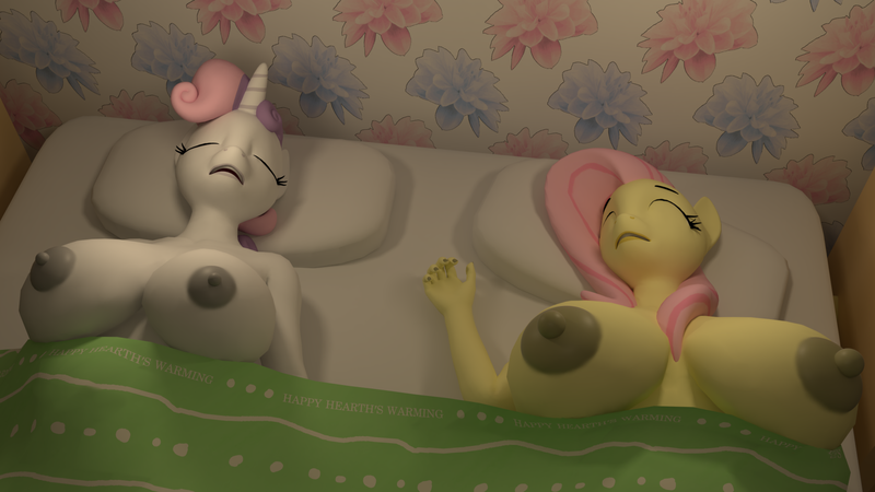 Size: 1920x1080 | Tagged: questionable, artist:moorsheadfalling, derpibooru import, fluttershy, sweetie belle, anthro, bat pony, 3d, areola, big areola, big breasts, big nipples, blender, blender cycles, breasts, busty fluttershy, busty sweetie belle, dark areola, duo, duo female, female, females only, flutterbat, huge areola, huge breasts, nipples, nudity, older, older sweetie belle, race swap, sleeping, source filmmaker