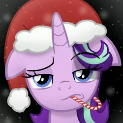 Size: 4000x4000 | Tagged: safe, alternate version, artist:sol-r, derpibooru import, starlight glimmer, pony, unicorn, the parent map, bust, candy, candy cane, christmas, female, festive, floppy ears, food, frown, hat, high res, holiday, horn, lidded eyes, mare, mouth hold, night, outdoors, raised eyebrow, santa hat, shadow, simple background, snow, snowfall, solo, starlight is not amused, unamused, vector, winter