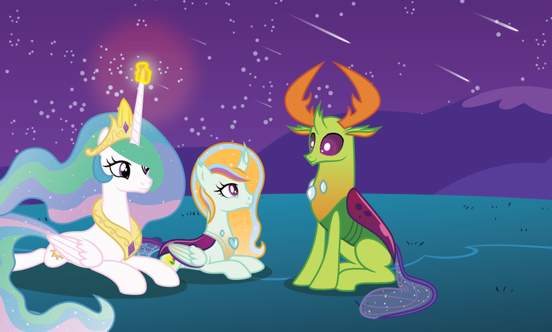 Size: 1025x618 | Tagged: artist:liya04, changedling, changeling, changepony, derpibooru import, female, hybrid, king thorax, magic, male, night, oc, oc:nature morning, offspring, parent:princess celestia, parents:thoralestia, parent:thorax, princess celestia, prone, safe, shipping, shooting star, sploot, straight, thoralestia, thorax