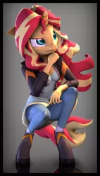 Size: 3400x6000 | Tagged: safe, artist:imafutureguitarhero, derpibooru import, sunset shimmer, anthro, unguligrade anthro, equestria girls, 3d, :t, absurd file size, absurd resolution, boots, border, clothes, colored eyebrows, colored eyelashes, dress, film grain, floppy ears, freckles, hand on chin, hand on knee, jacket, jeans, leather jacket, long hair, long mane, multicolored mane, multicolored tail, nose wrinkle, pants, reflection, shadow, shirt, shoes, signature, socks, solo, source filmmaker, squatting, vertical, windswept mane, windswept tail