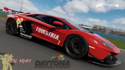 Size: 480x270 | Tagged: safe, artist:forzaveteranenigma, derpibooru import, sunset shimmer, pony, fanfic:equestria motorsports, car, daytona international speedway, driving, forza motorsport 7, lamborghini, lamborghini aventador, photo, racing