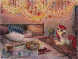 Size: 2246x1719 | Tagged: safe, artist:malinetourmaline, derpibooru import, roseluck, earth pony, pony, bed, christmas ornament, collar, decoration, female, flower, garland, mare, pet tag, pillow, pony pet, room, rosepet, traditional art, vase