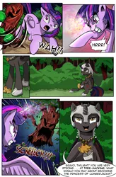 Size: 1800x2740 | Tagged: safe, artist:candyclumsy, derpibooru import, twilight sparkle, twilight sparkle (alicorn), oc, oc:fallenlight, alicorn, pony, unicorn, comic:curse and madness, amulet, armor, comic, everfree forest, female, forest, helmet, jewelry, magic, mare, mlpcam, night, peytral, sitting, text, text bubbles, treant, tree, what has science done, wings