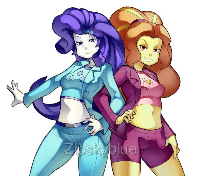 Size: 2300x2000 | Tagged: safe, artist:zipskyblue, derpibooru import, adagio dazzle, rarity, equestria girls, adagity, belly button, belly shirt, clothes, commission, female, jacket, lesbian, looking at you, midriff, pants, pointed breasts, shipping, smiling