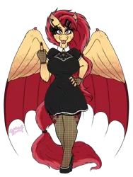 Size: 768x1024 | Tagged: safe, artist:rubysplash2018, derpibooru import, oc, oc:ruby splash, anthro, bat pony, bat pony oc, bat wings, bow, clothes, dress, fishnet clothing, flipping off, goth, gothic, hair bow, hairclip, hair tie, hybrid wings, middle finger, pentagram, shoes, solo, vulgar, wings