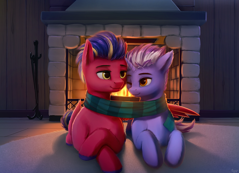 Size: 1400x1016 | Tagged: safe, artist:quvr, derpibooru import, oc, oc:crimson star, oc:tesla coil, unofficial characters only, pegasus, pony, unicorn, clothes, commission, couple, cuddling, female, fireplace, male, mare, scarf, shared clothing, shared scarf