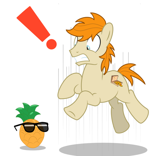 Size: 2500x2500 | Tagged: safe, artist:pizzamovies, derpibooru import, oc, oc:pizzamovies, unofficial characters only, earth pony, pony, cutie mark, exclamation point, food, glasses, jumping, male, pineapple, pizza, simple background, speed lines, stallion, surprised, teeth