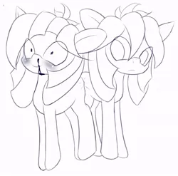 Size: 756x746 | Tagged: suggestive, artist:an-m, derpibooru import, oc, oc:abstract module, oc:reflect decrypt, unofficial characters only, earth pony, pony, blood, blushing, butt bump, female, incest, lineart, mare, monochrome, nosebleed, twincest, twins