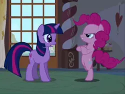 Size: 480x360 | Tagged: safe, derpibooru import, edit, edited screencap, screencap, pinkie pie, twilight sparkle, bridle gossip, cropped, dancing, evil enchantress, needs more jpeg