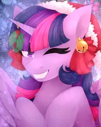 Size: 2000x2500 | Tagged: safe, artist:flysouldragon, derpibooru import, twilight sparkle, twilight sparkle (alicorn), alicorn, pony, bells, cute, ear piercing, holiday, holly, holly mistaken for mistletoe, horn, new year, piercing, snow, solo, twiabetes, wings